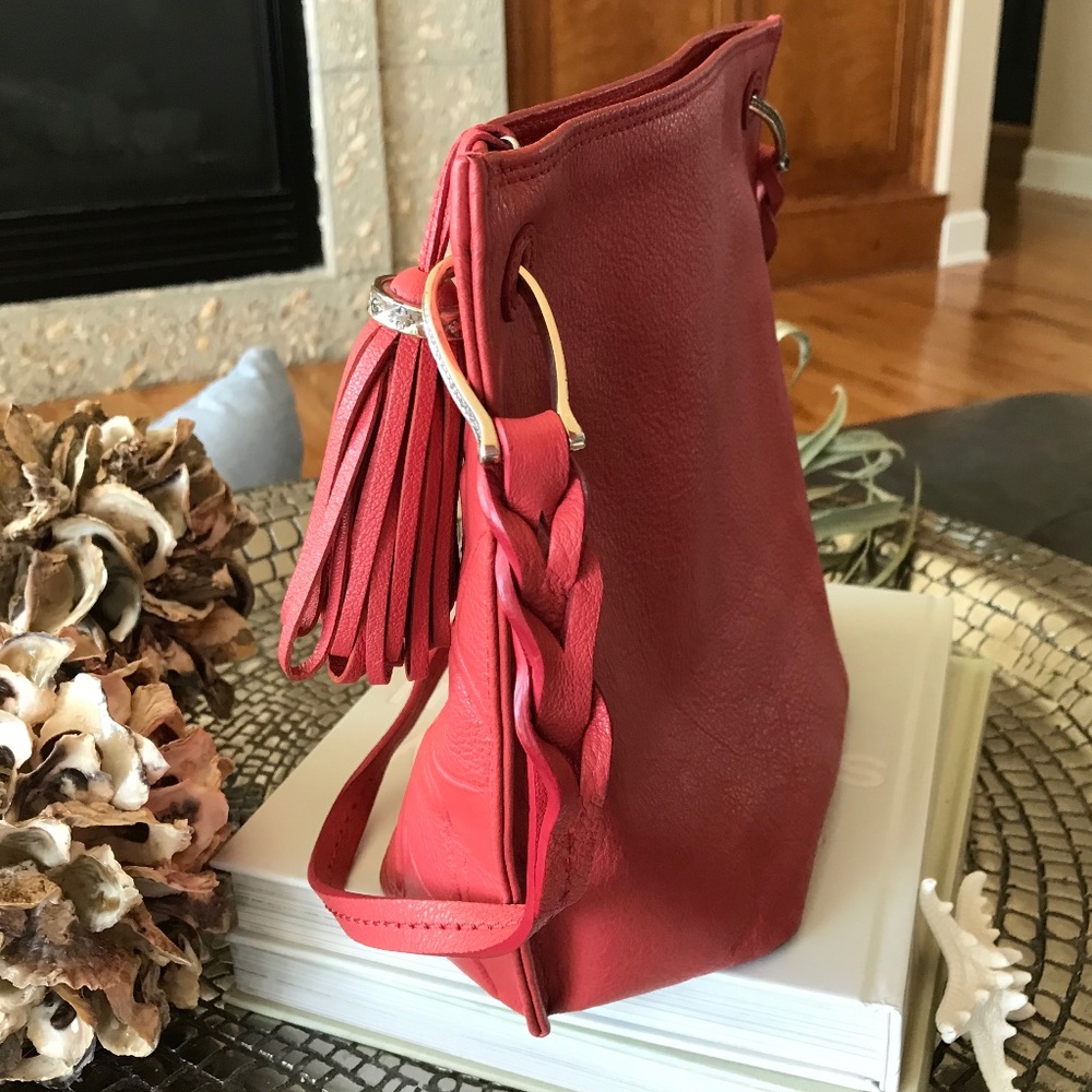 BRIGHTON RED LEATHER EMBOSSED BUTTERFLIES BOHO-CHIC STATEMENT BAG - Picture 5 of 16